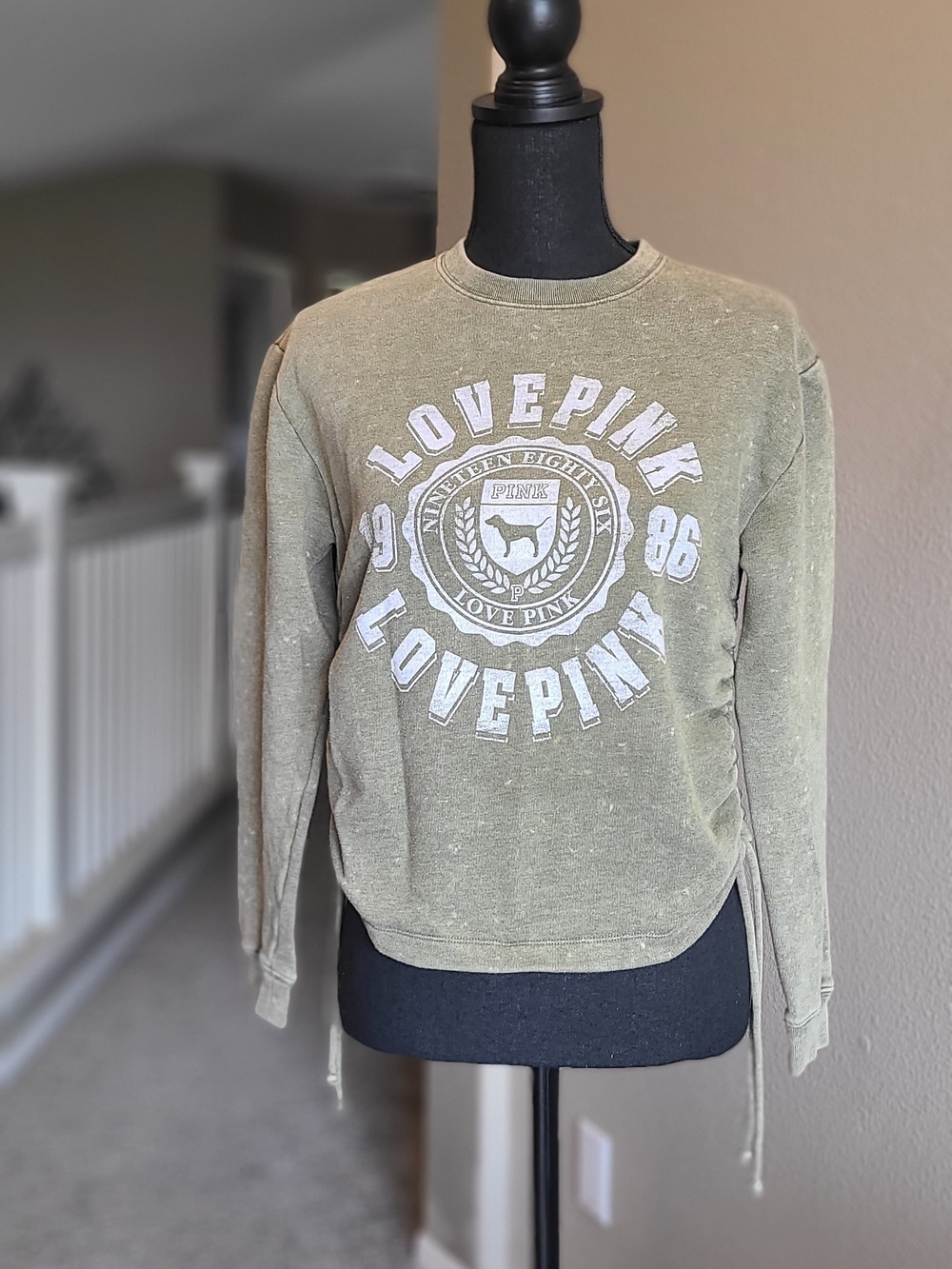 PINK Victoria's Secret Olive Green Sweatshirt with Ruched Sides